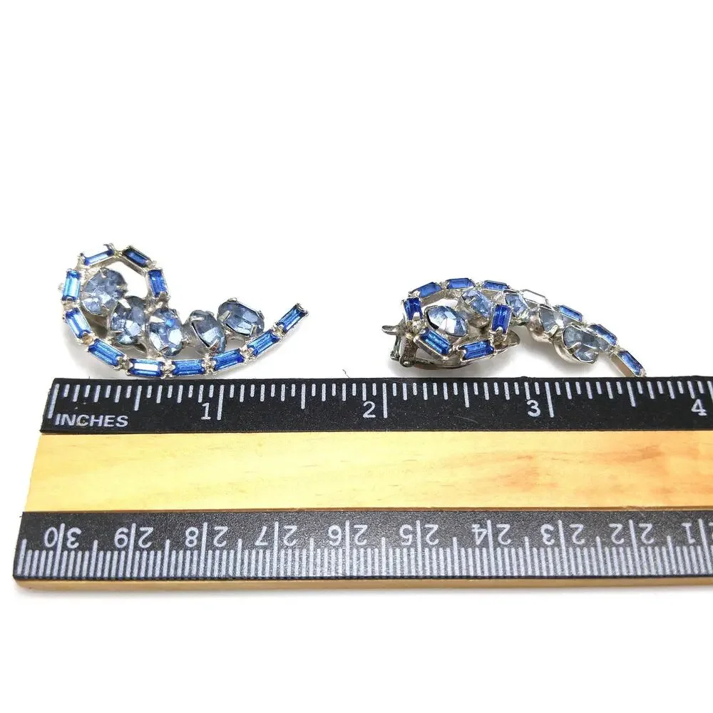 Vintage 1960s Light Blue Rhinestone Ear Climber Clip Earrings, Rhodium Plated